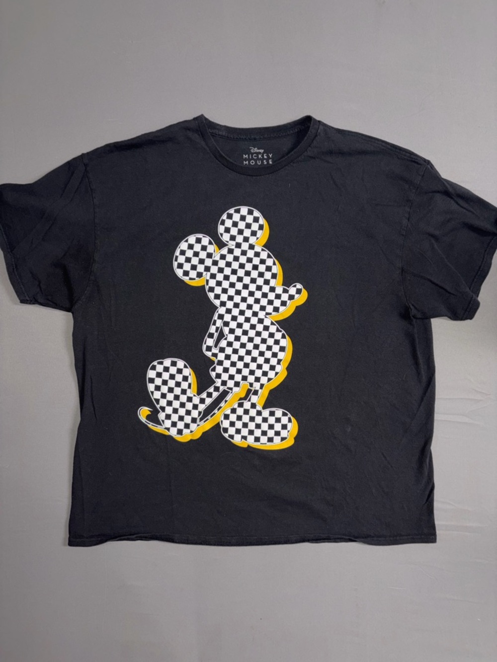 Disney Mickey Mouse Black T-Shirt with Checkerboard and Yellow Outline